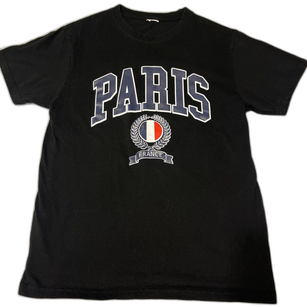 Paris France T-shirt Adult Small Black Short Sleeve Graphic Print Cotton Casual